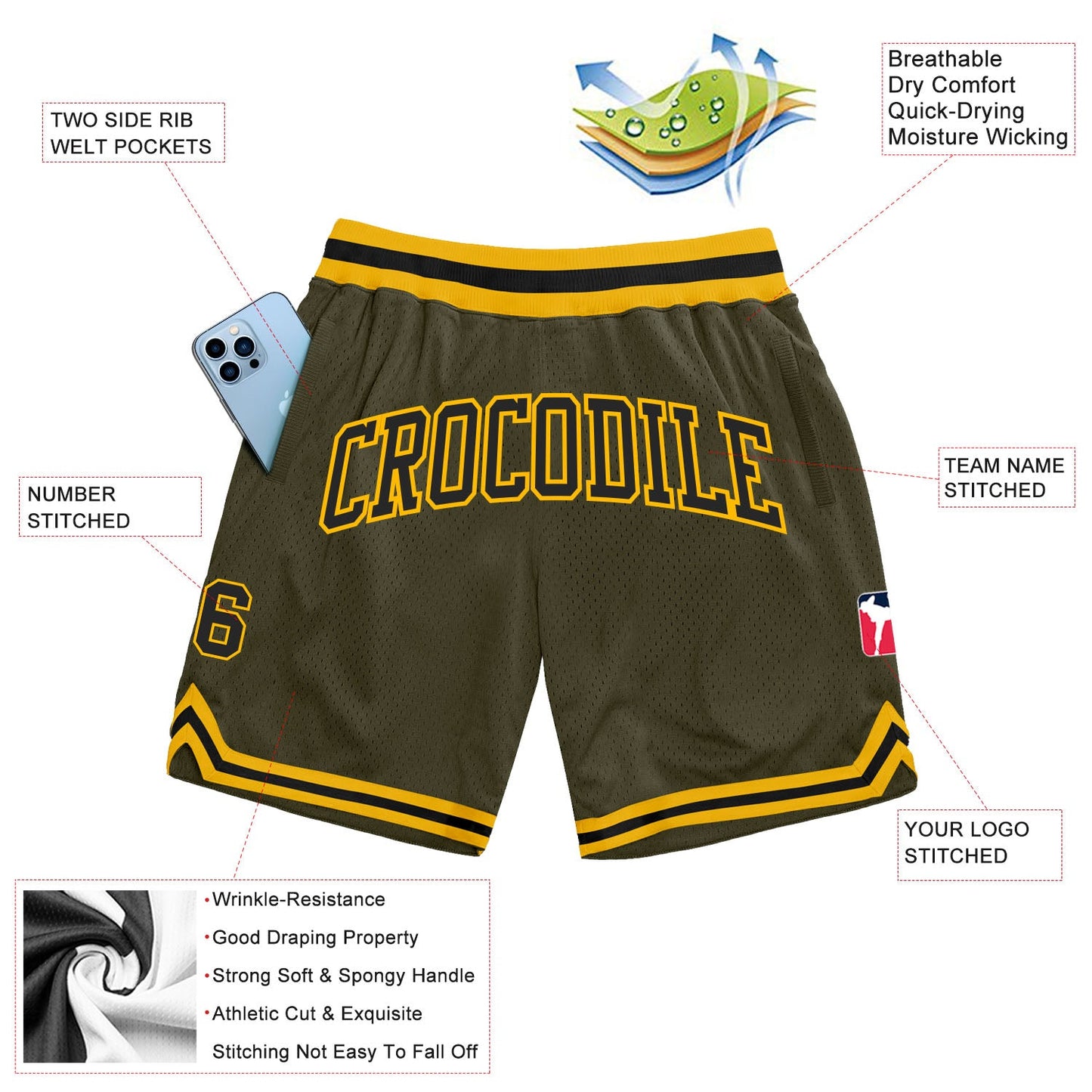 Custom Olive Black-Gold Authentic Throwback Salute To Service Basketball Shorts view 2