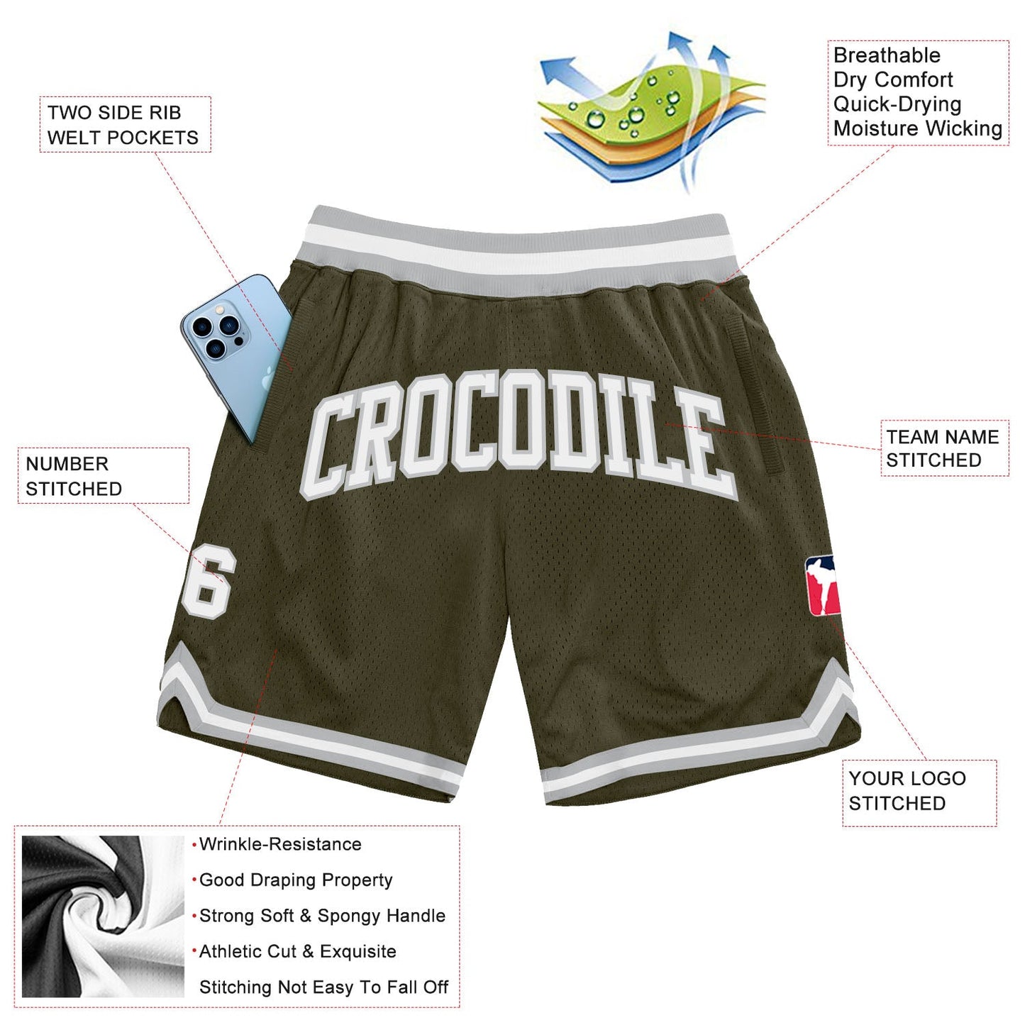Custom Olive White-Gray Authentic Throwback Salute To Service Basketball Shorts view 2