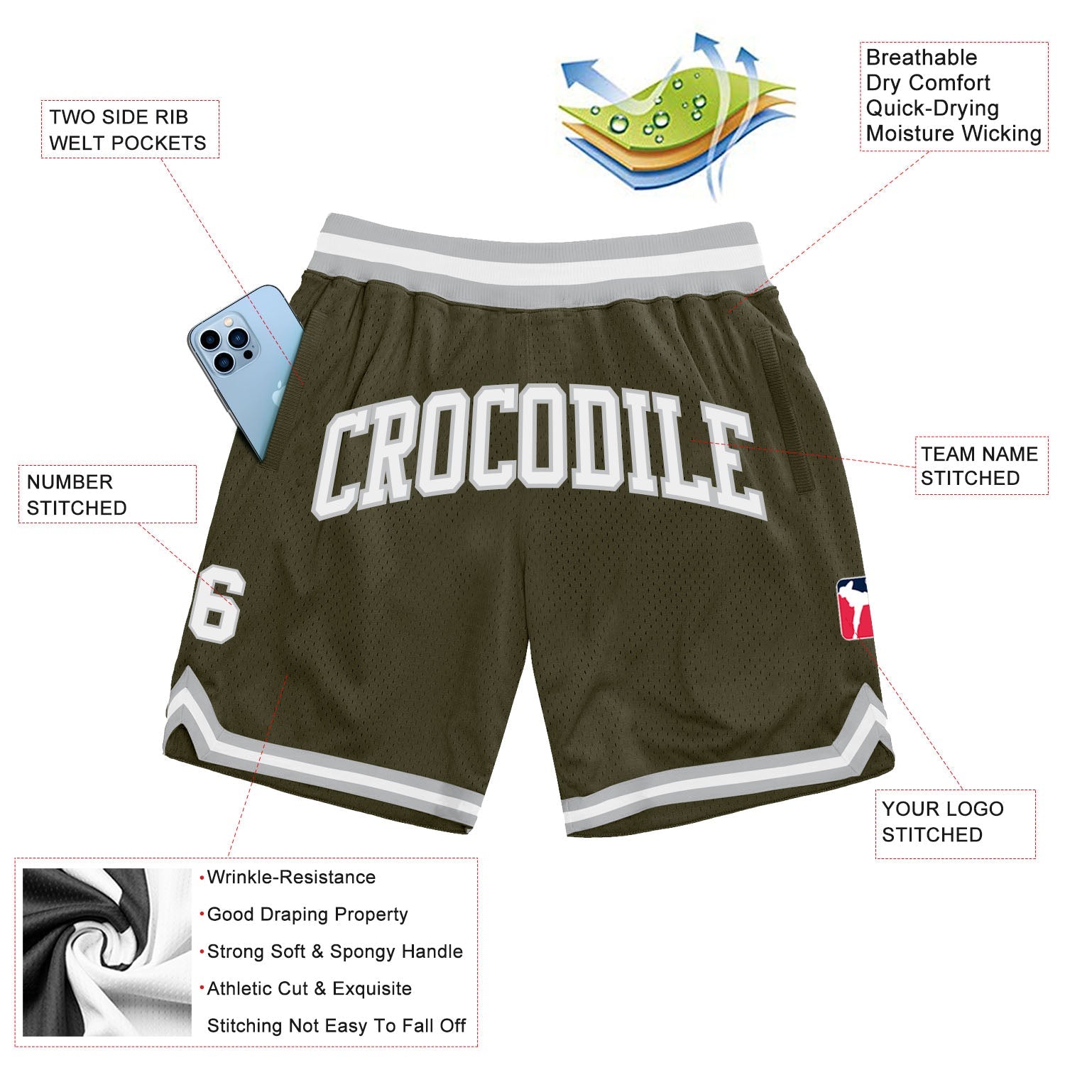 Custom Olive White-Gray Authentic Throwback Salute To Service Basketball Shorts view 2