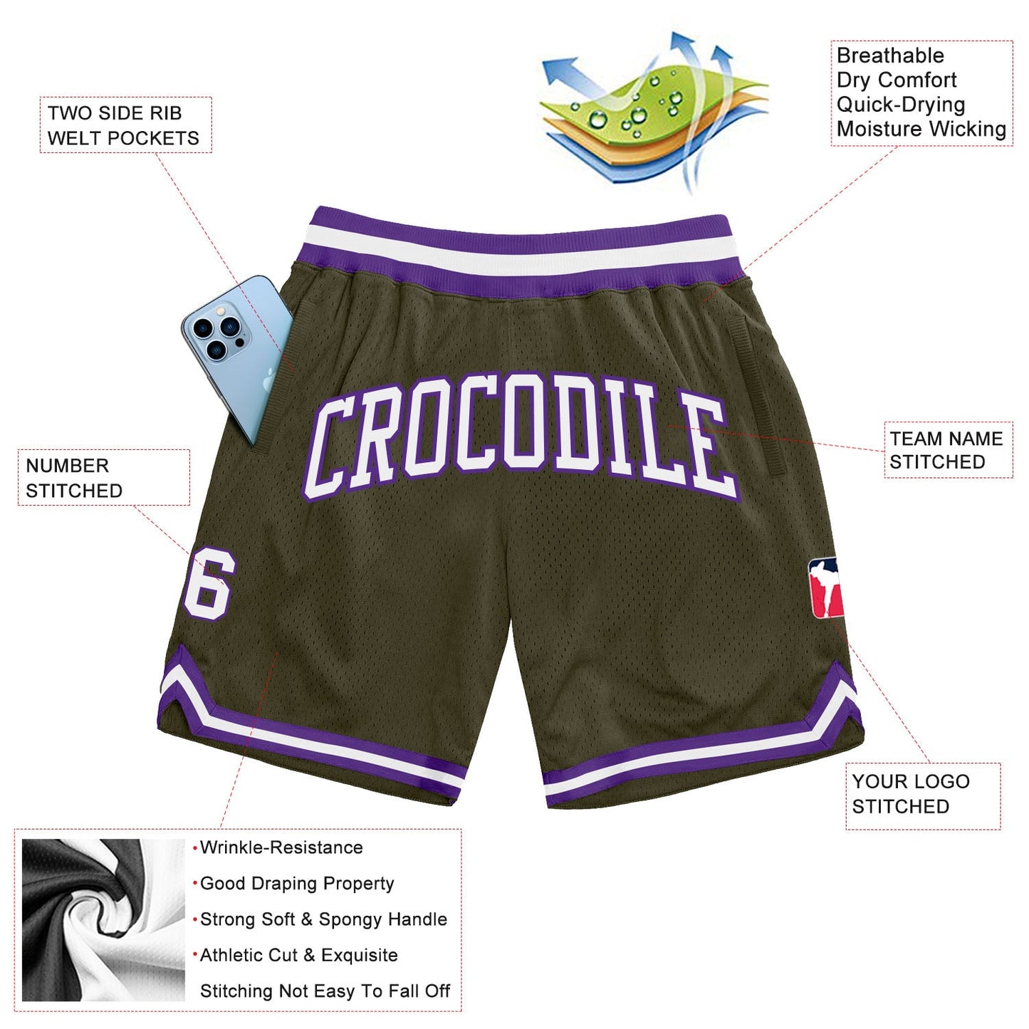 Custom Olive White-Purple Authentic Throwback Salute To Service Basketball Shorts view 2