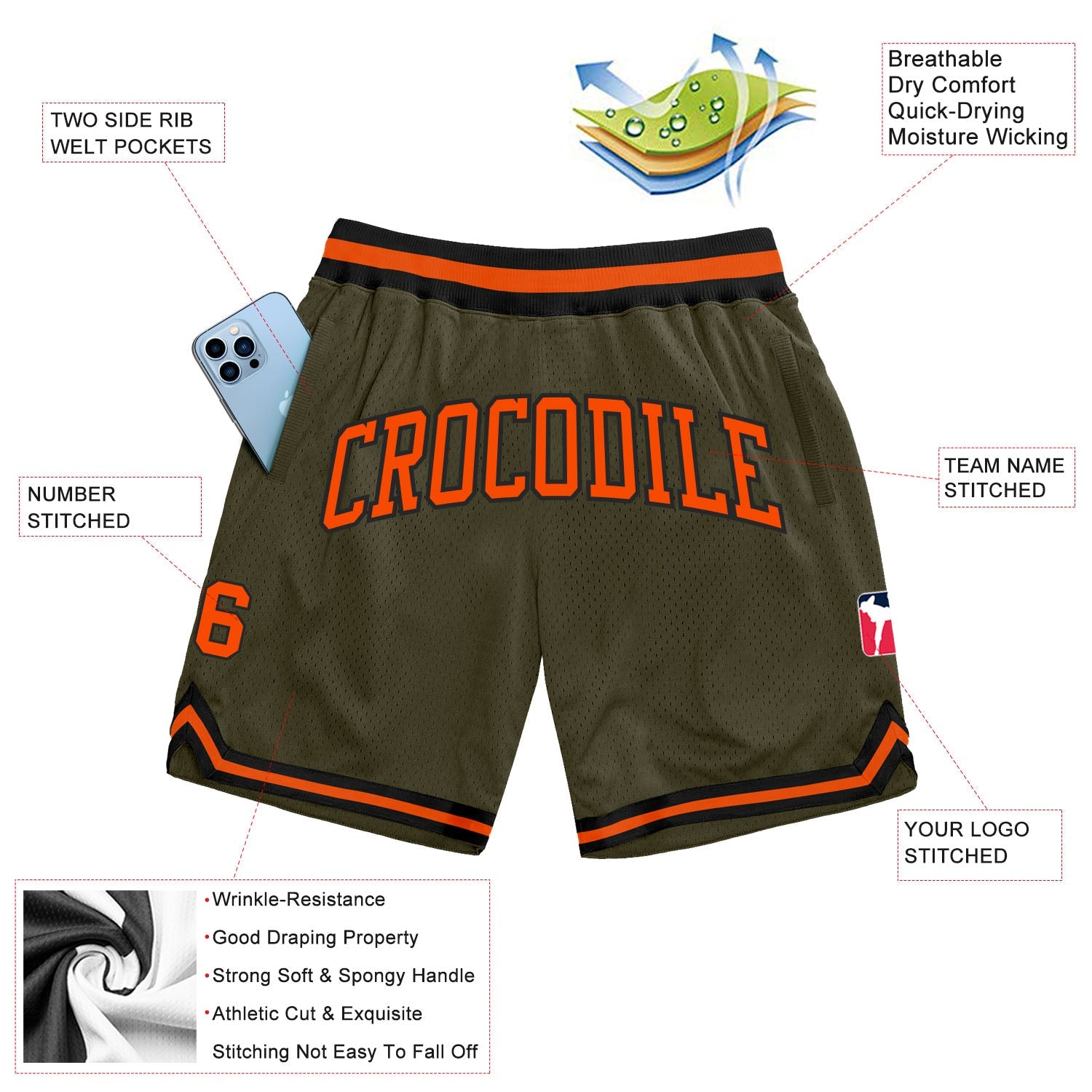 Custom Olive Orange-Black Authentic Throwback Salute To Service Basketball Shorts view 2