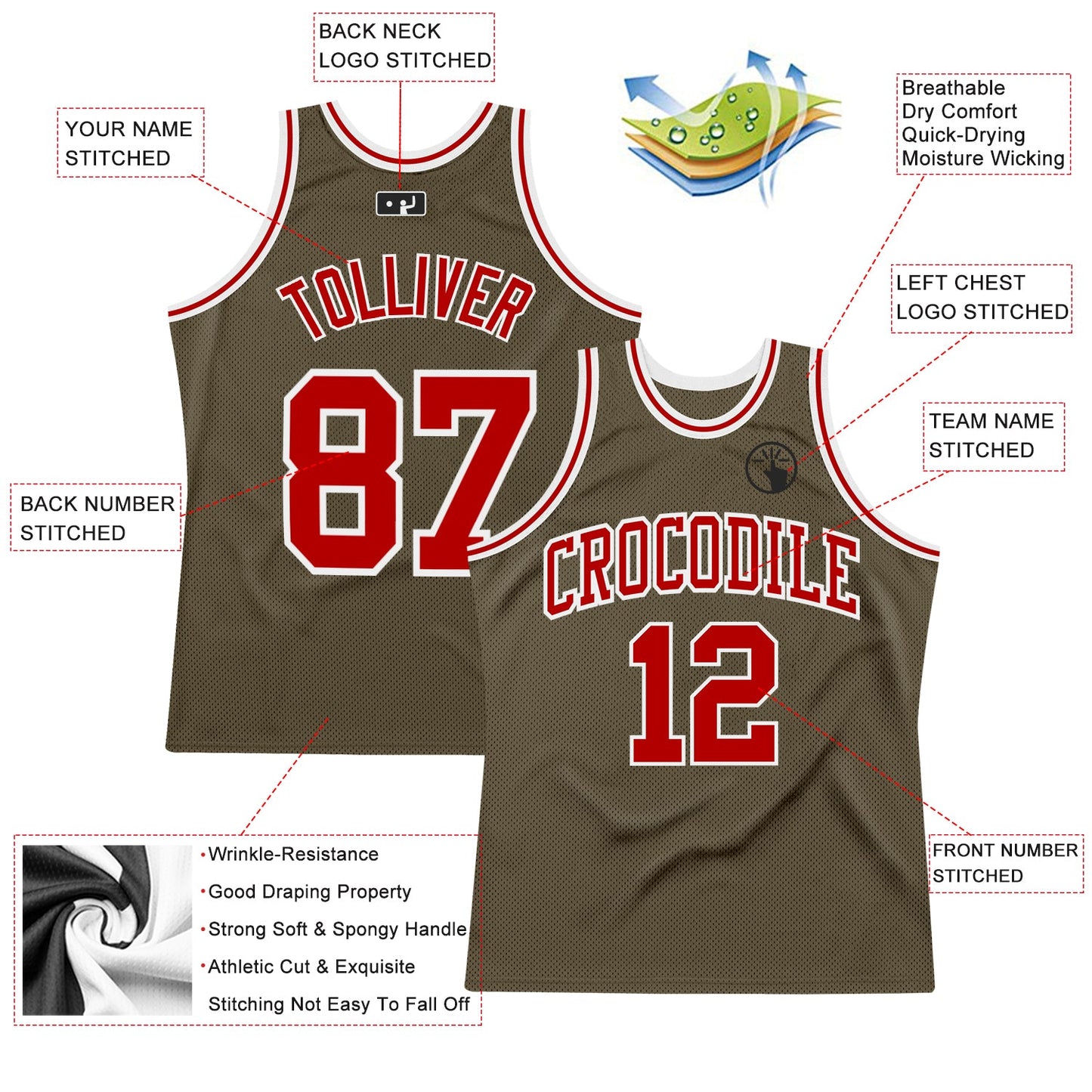 Custom Olive Red-White Authentic Throwback Salute To Service Basketball Jersey view 2