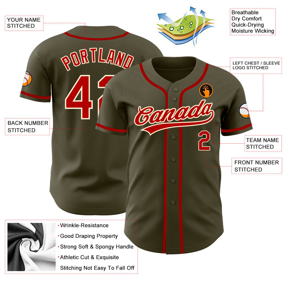Custom Olive Red-Cream Authentic Salute To Service Baseball Jersey view 3