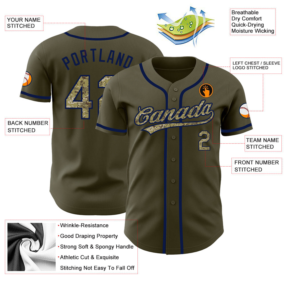 Custom Olive Camo-Navy Authentic Salute To Service Baseball Jersey view 3