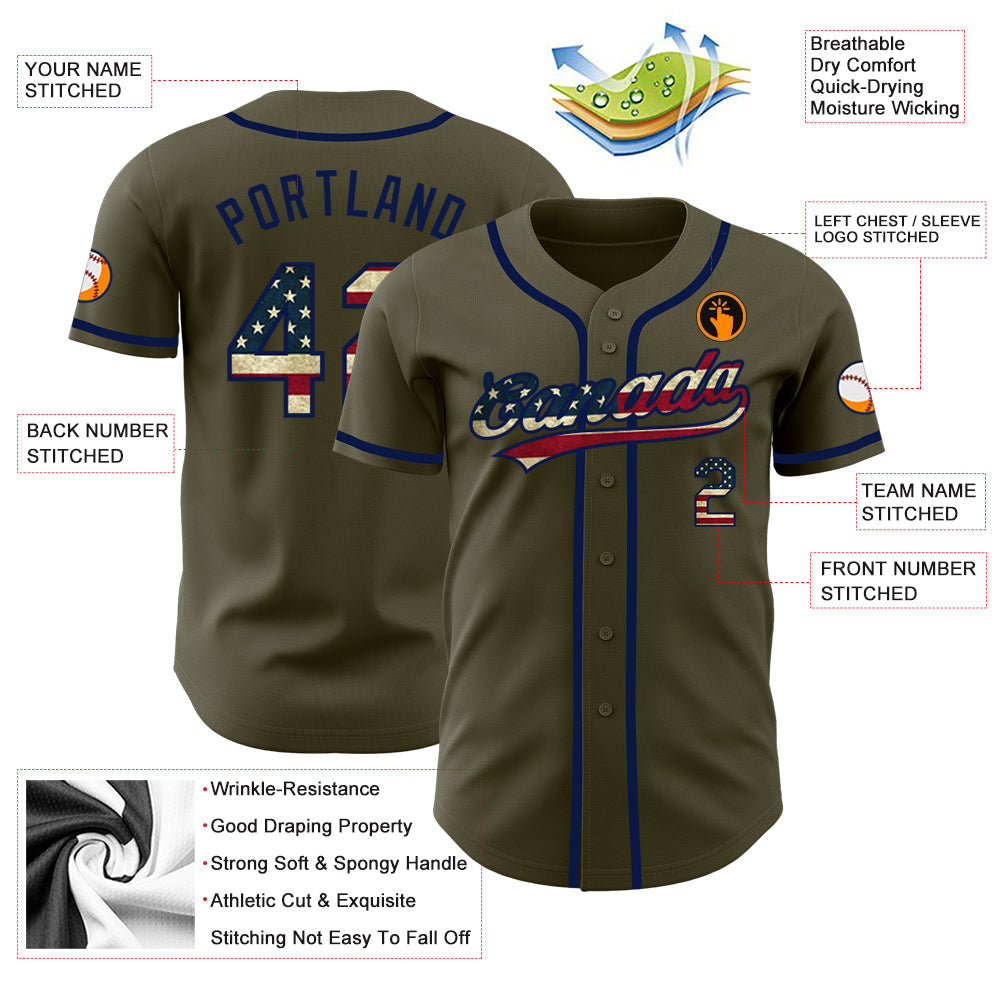 Custom Olive Vintage USA Flag-Navy Authentic Salute To Service Baseball Jersey view 3