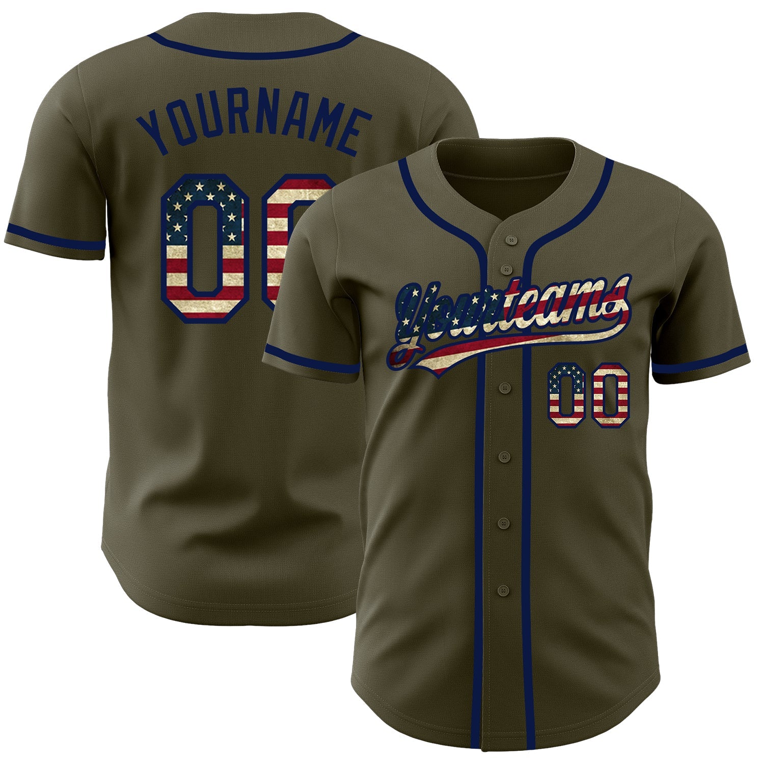 Custom Olive Vintage USA Flag-Navy Authentic Salute To Service Baseball Jersey - Main View
