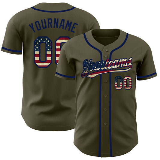 Custom Olive Vintage USA Flag-Navy Authentic Salute To Service Baseball Jersey - Main View