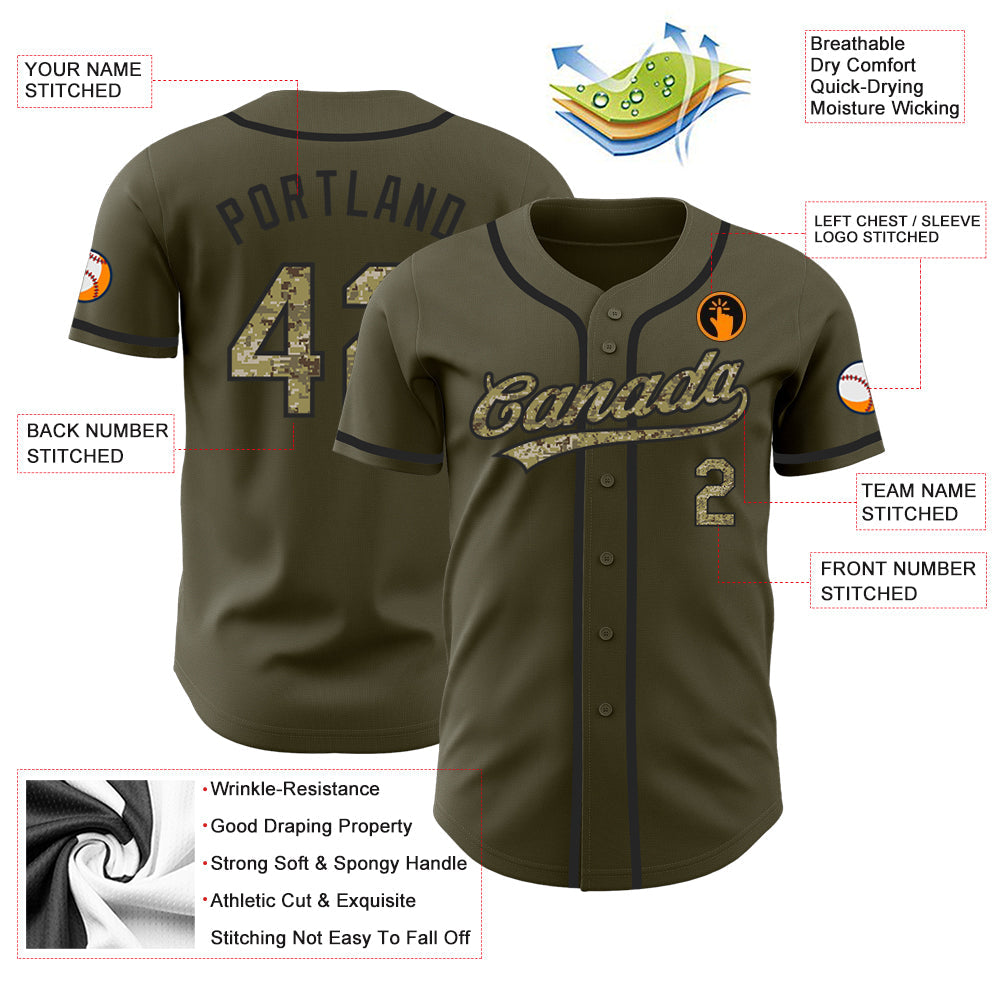 Custom Olive Camo-Black Authentic Salute To Service Baseball Jersey view 4