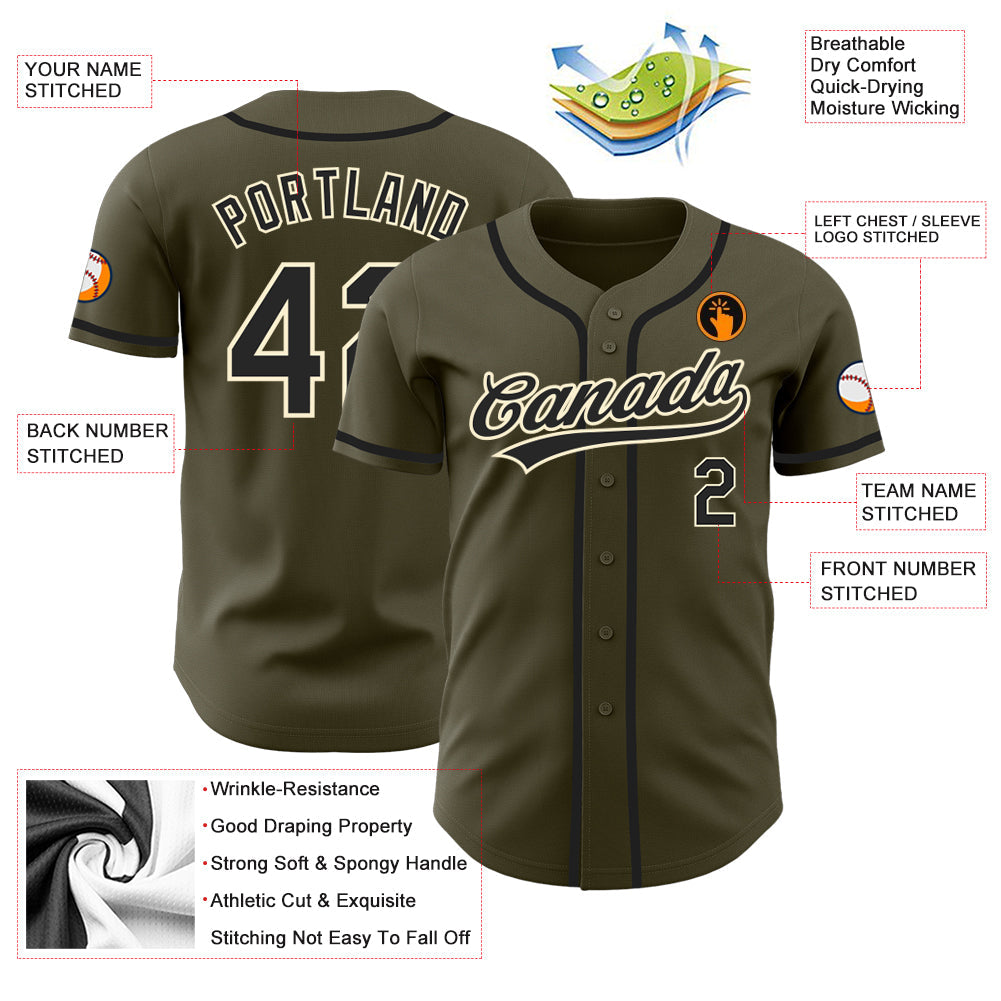 Custom Olive Black-Cream Authentic Salute To Service Baseball Jersey view 3