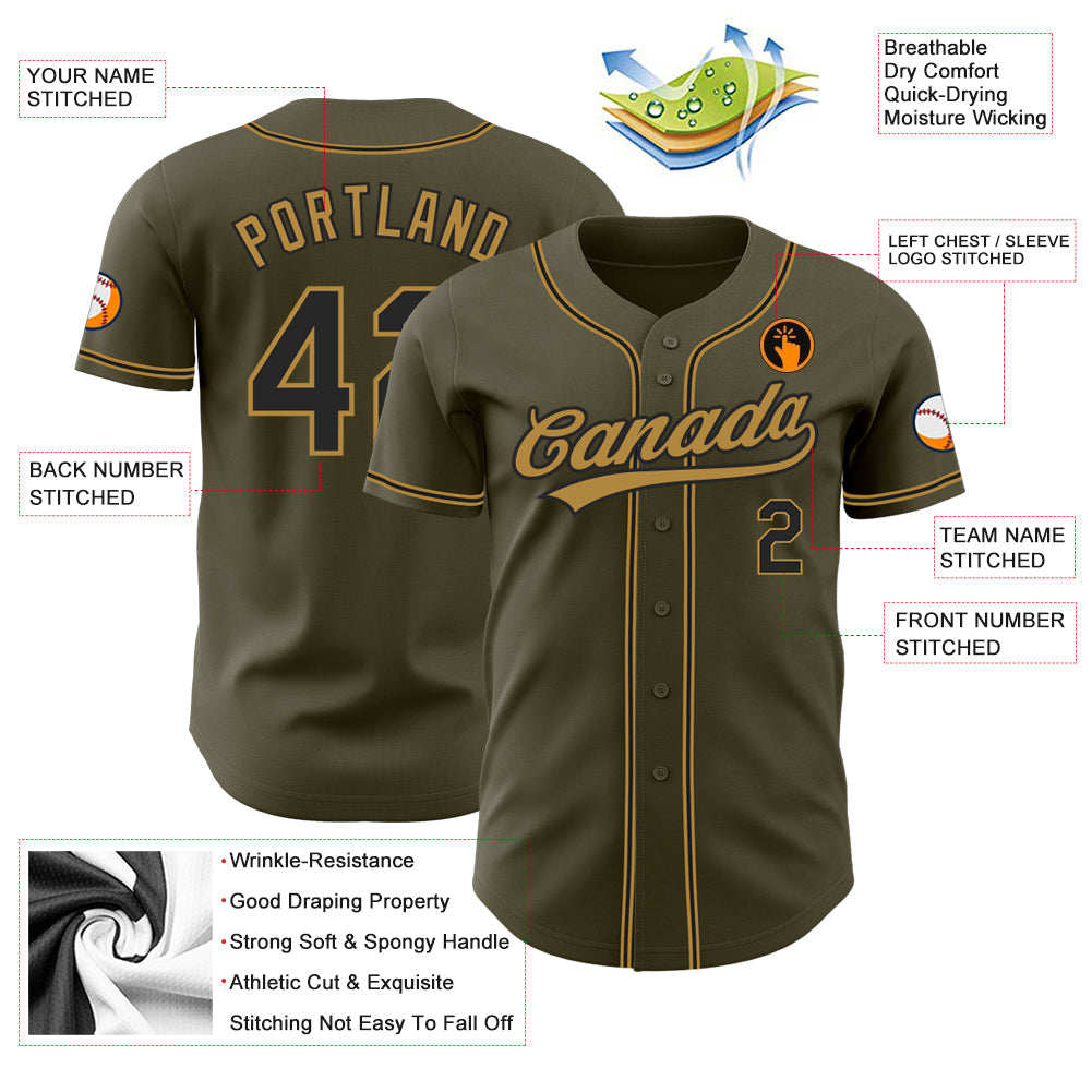 Custom Olive Black-Old Gold Authentic Salute To Service Baseball Jersey view 3