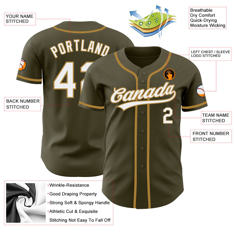 Custom Olive White-Old Gold Authentic Salute To Service Baseball Jersey view 3