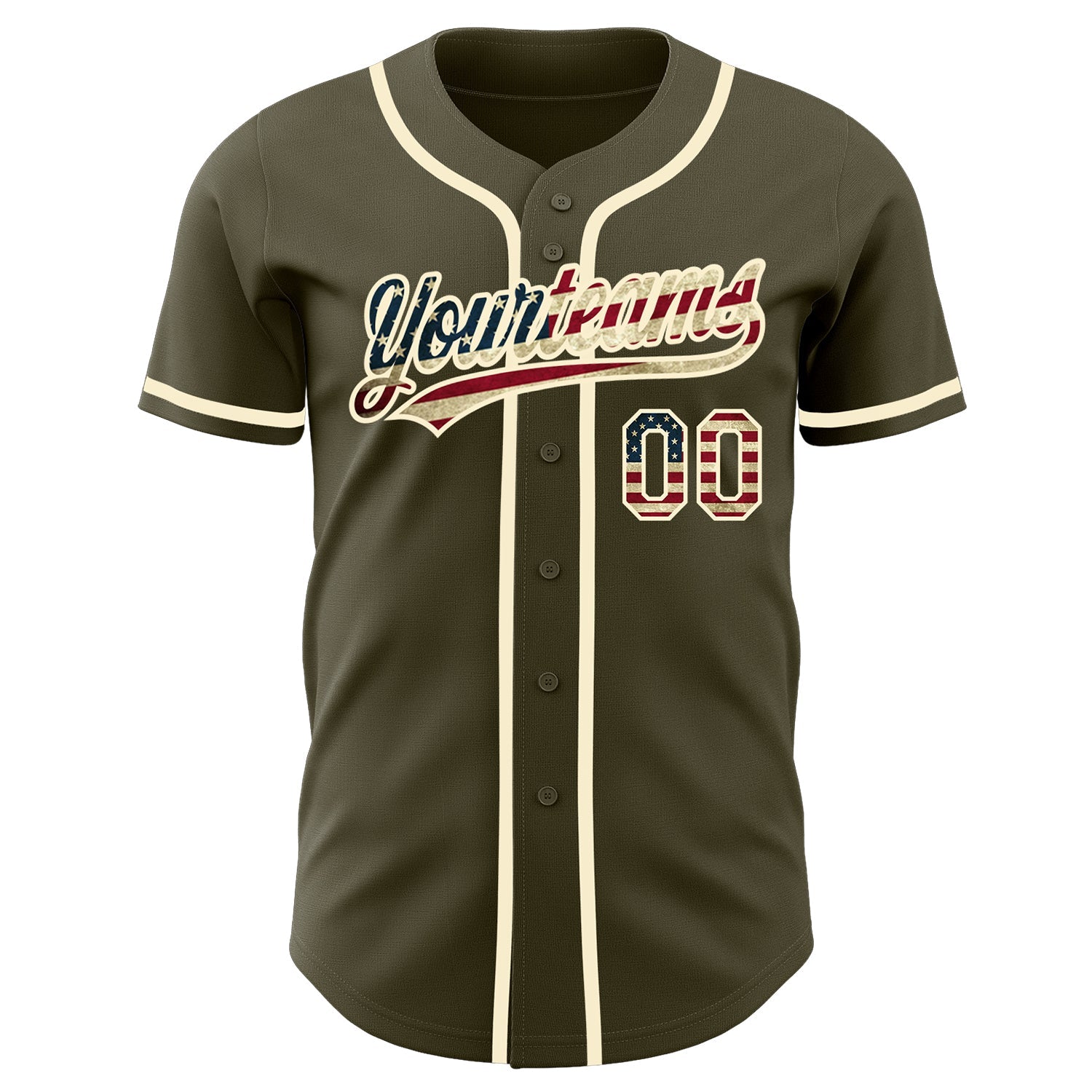 Custom Olive Vintage USA Flag-Cream Authentic Salute To Service Baseball Jersey view 2