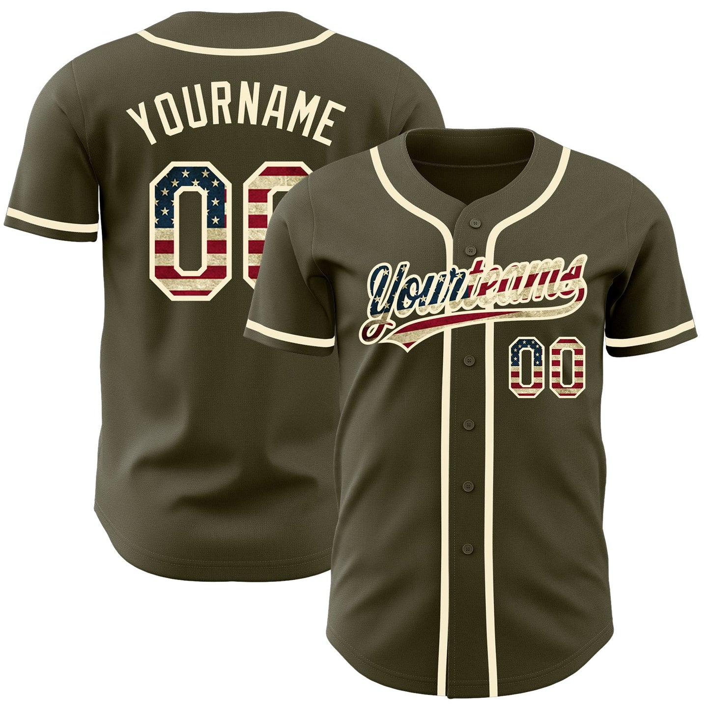 Custom Olive Vintage USA Flag-Cream Authentic Salute To Service Baseball Jersey - Main View