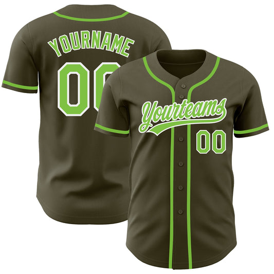 Custom Olive Neon Green-White Authentic Salute To Service Baseball Jersey - Main View
