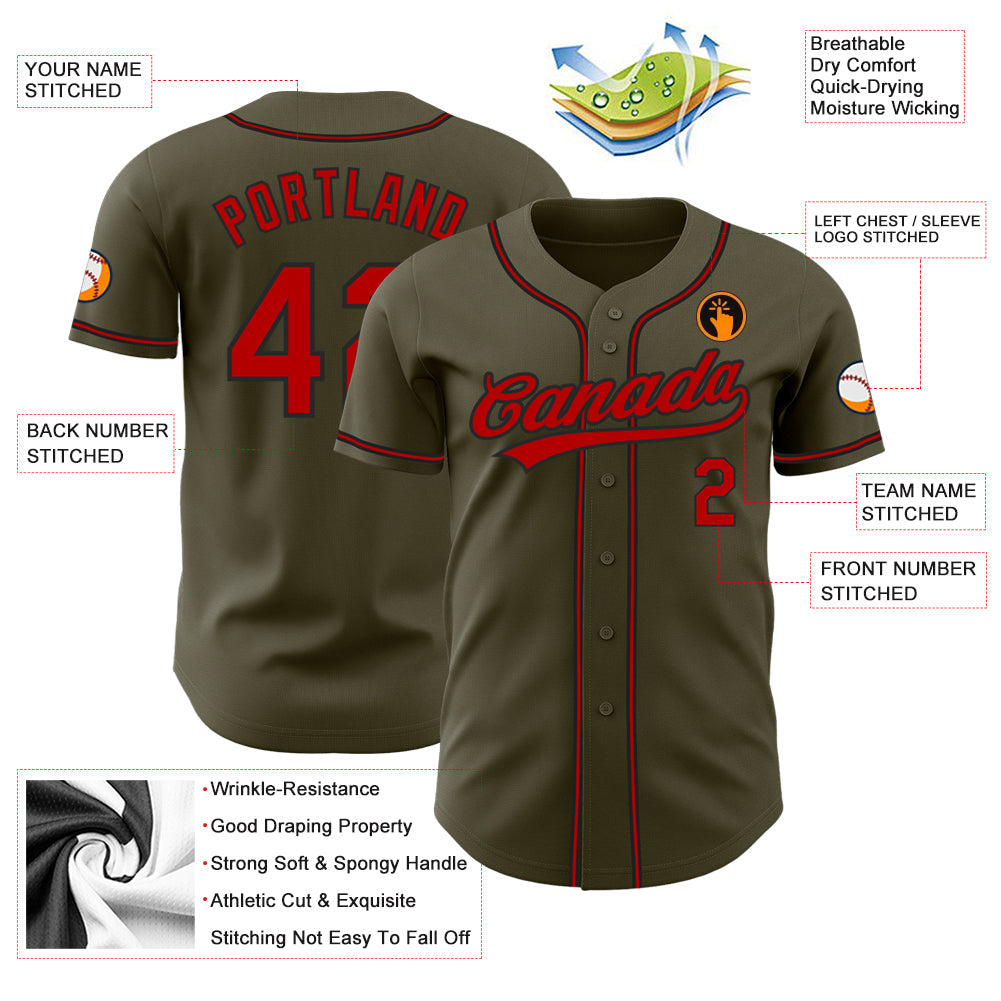 Custom Olive Red-Black Authentic Salute To Service Baseball Jersey view 3