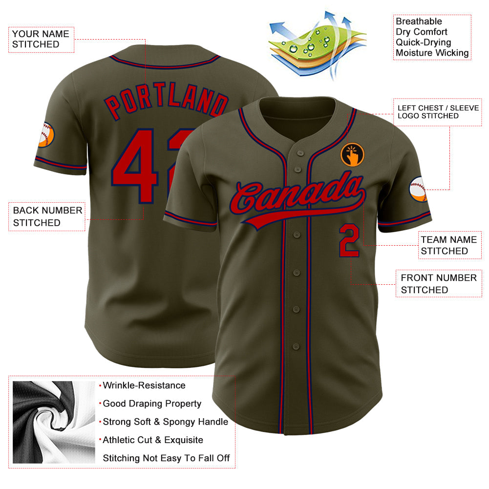 Custom Olive Red-Navy Authentic Salute To Service Baseball Jersey view 3