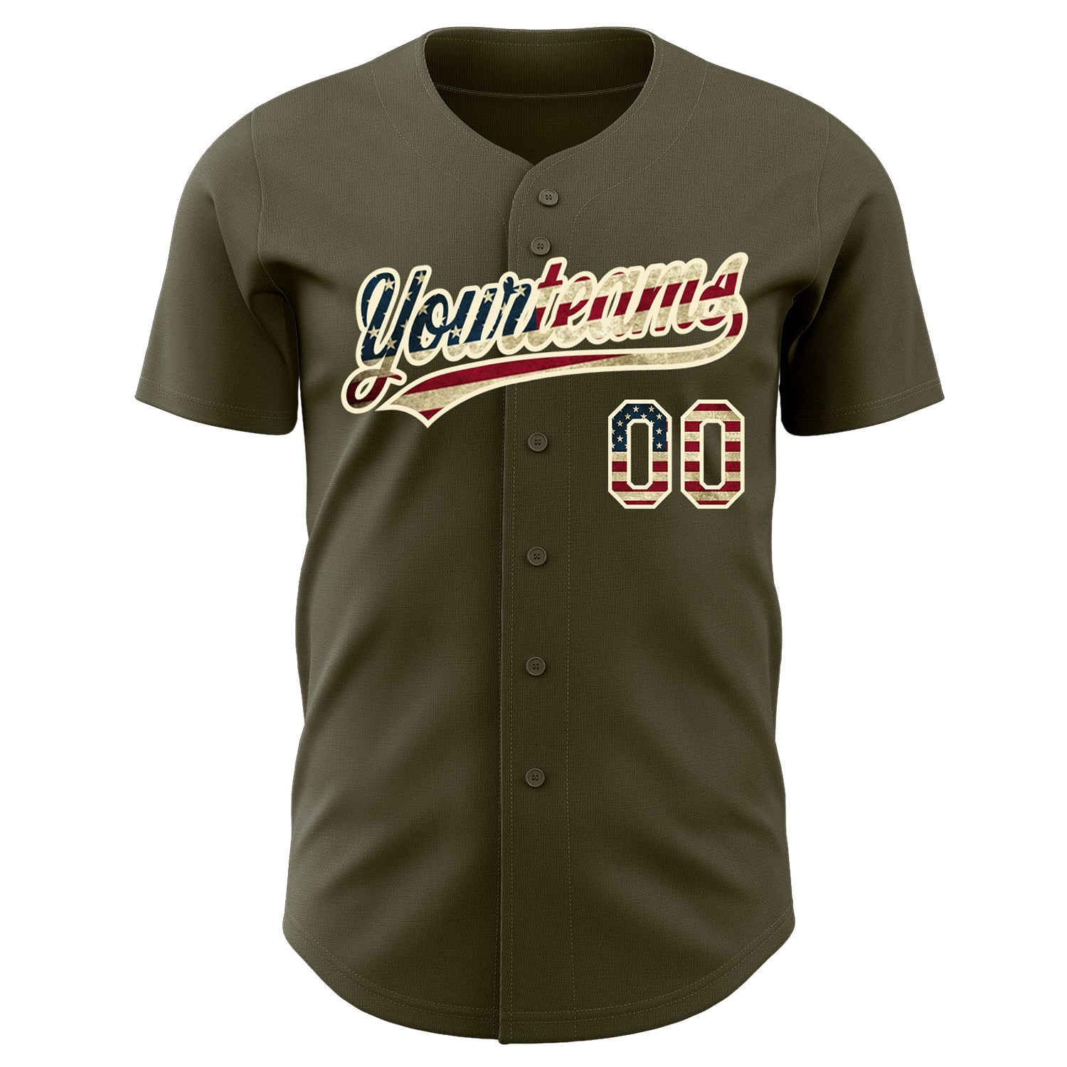 Custom Olive Vintage USA Flag-Cream Authentic Salute To Service Baseball Jersey view 2