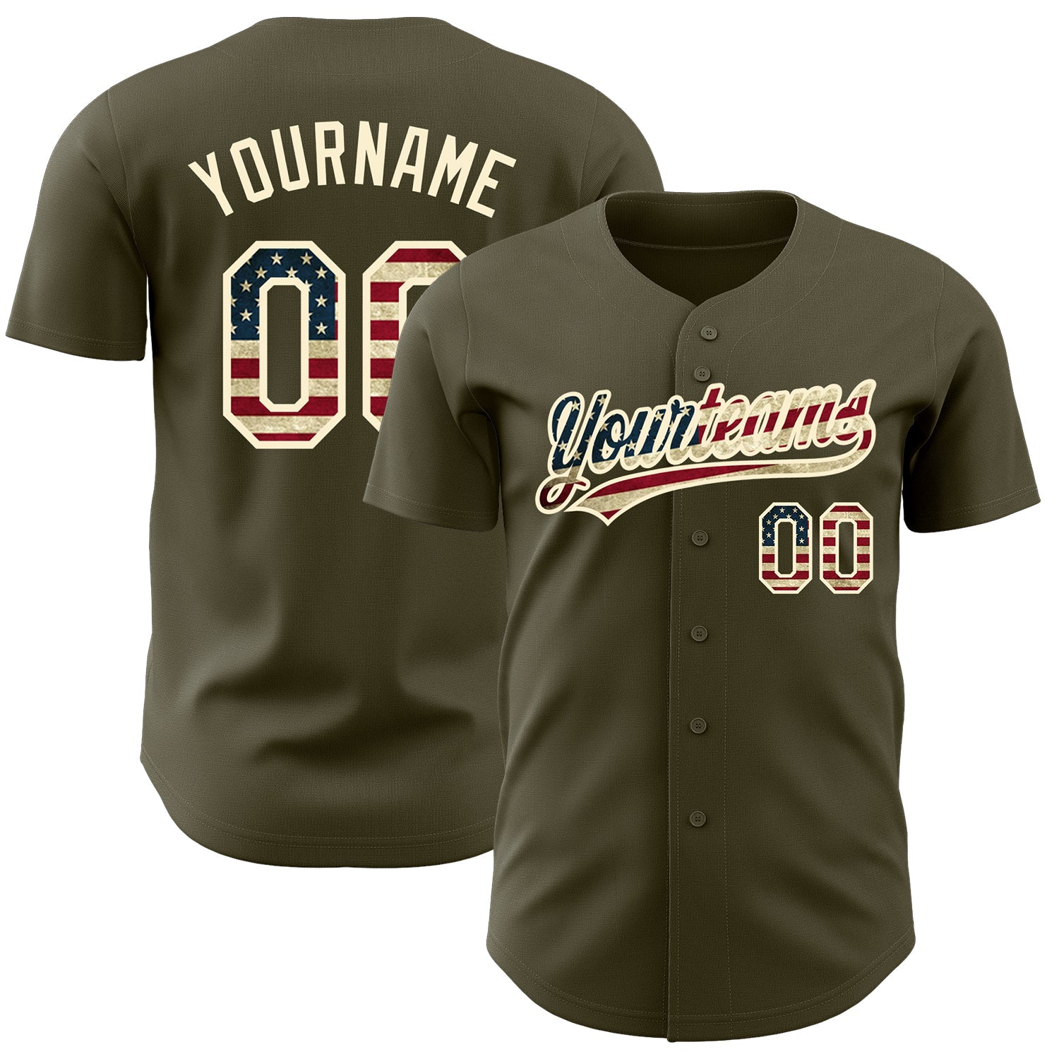 Custom Olive Vintage USA Flag-Cream Authentic Salute To Service Baseball Jersey - Main View