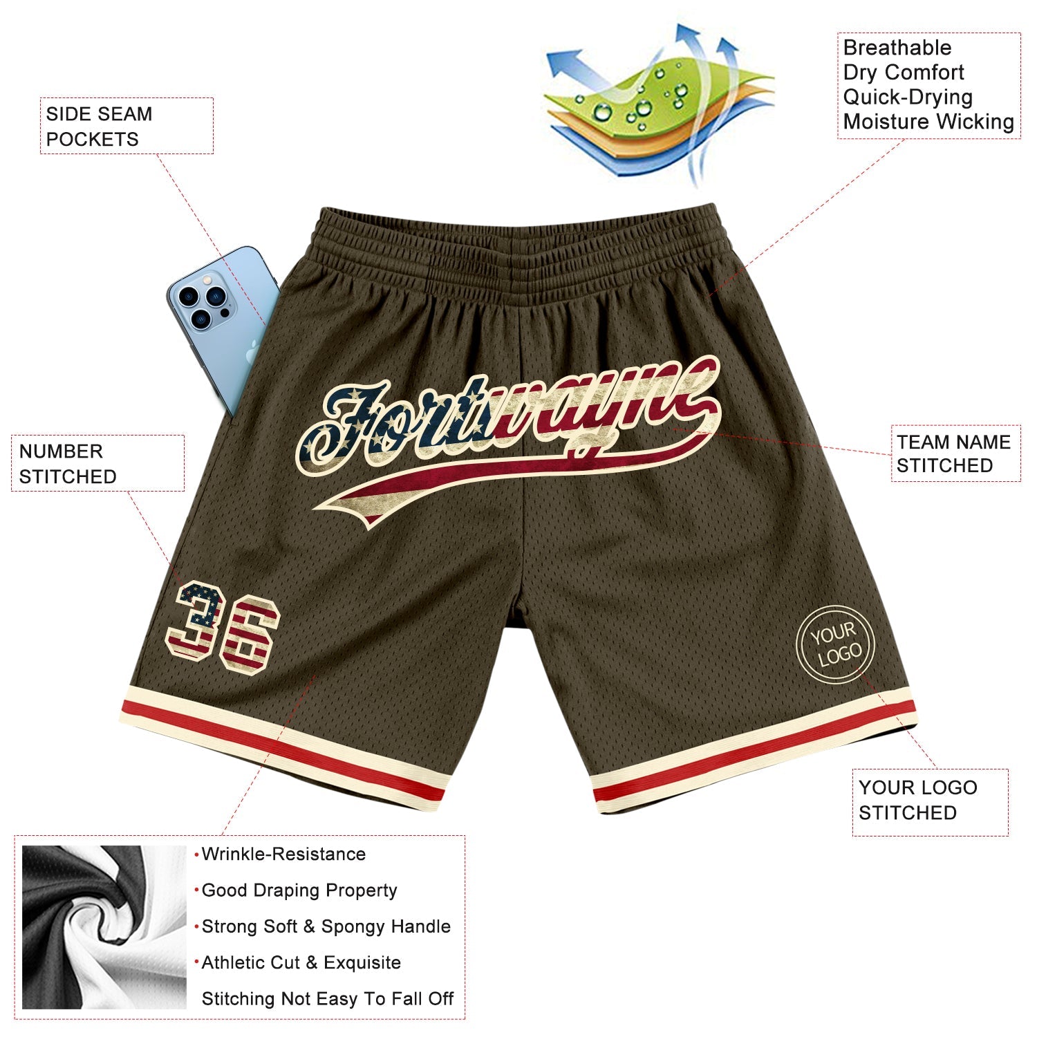 Custom Olive Vintage USA Flag-Cream Authentic Throwback Salute To Service Basketball Shorts view 2