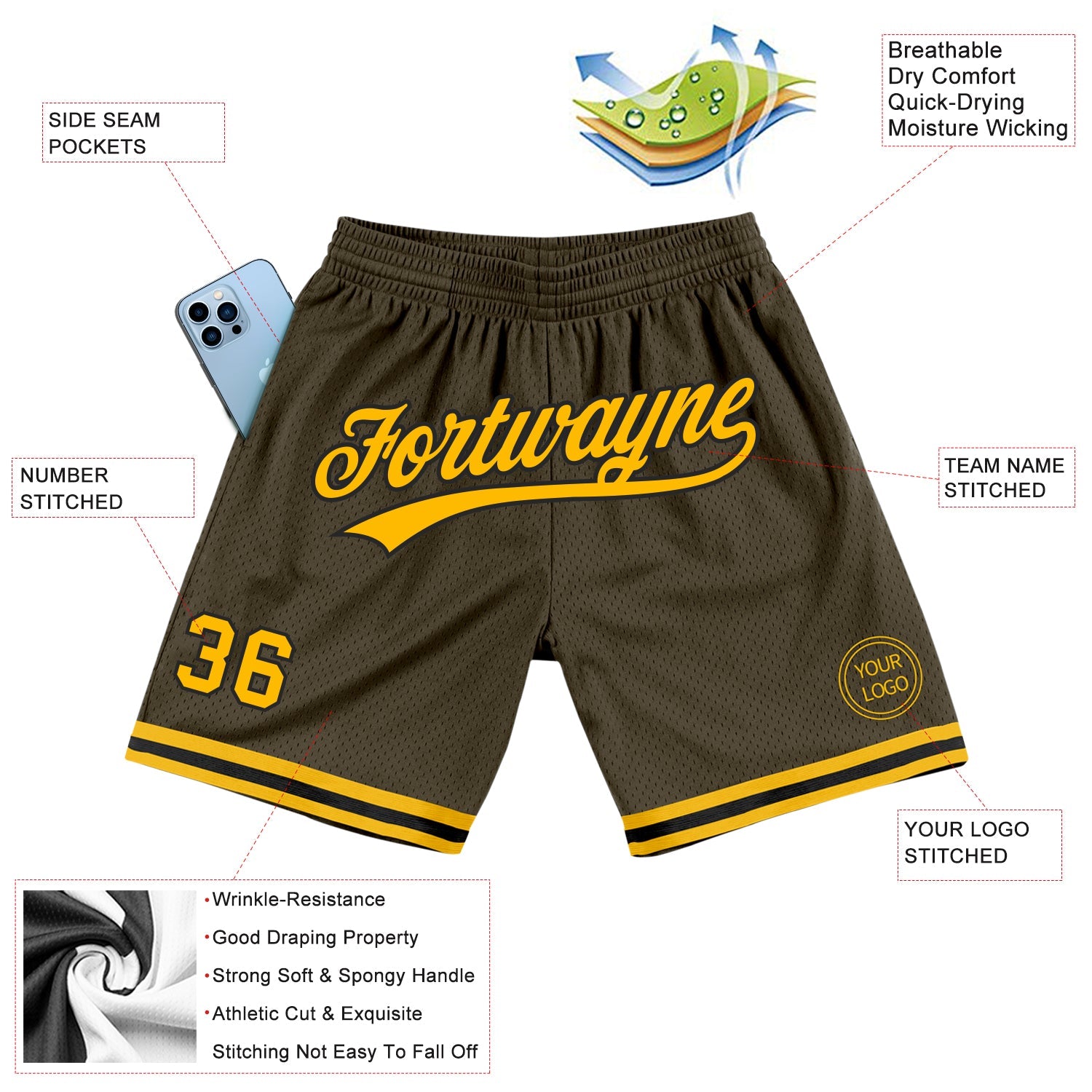 Custom Olive Gold-Black Authentic Throwback Salute To Service Basketball Shorts view 2