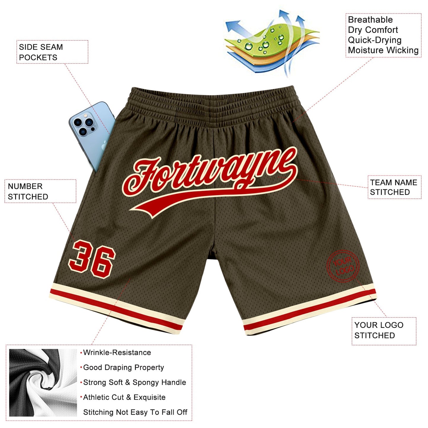 Custom Olive Red-Cream Authentic Throwback Salute To Service Basketball Shorts view 2