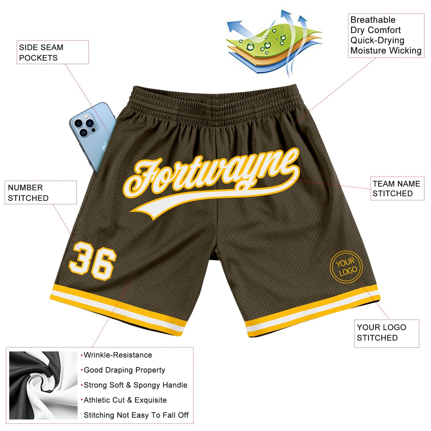 Custom Olive White-Gold Authentic Throwback Salute To Service Basketball Shorts view 2