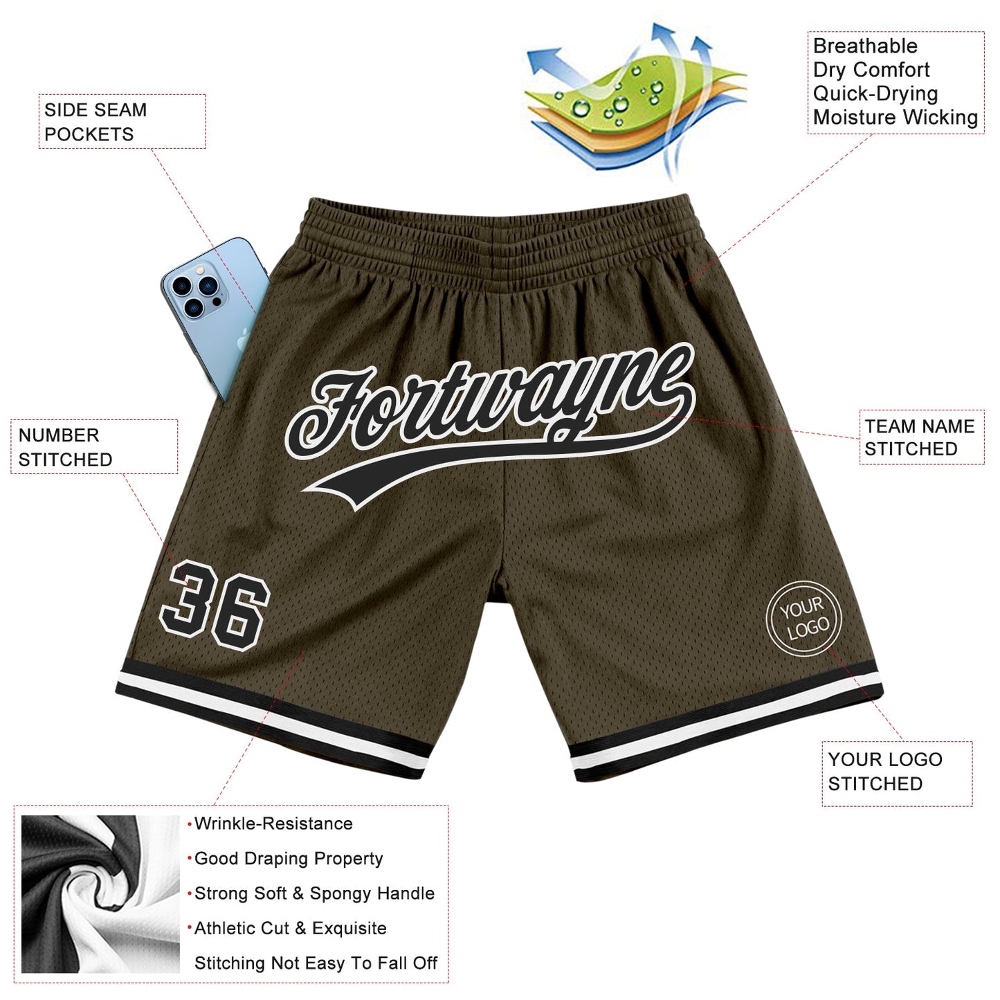 Custom Olive Black-White Authentic Throwback Salute To Service Basketball Shorts view 2
