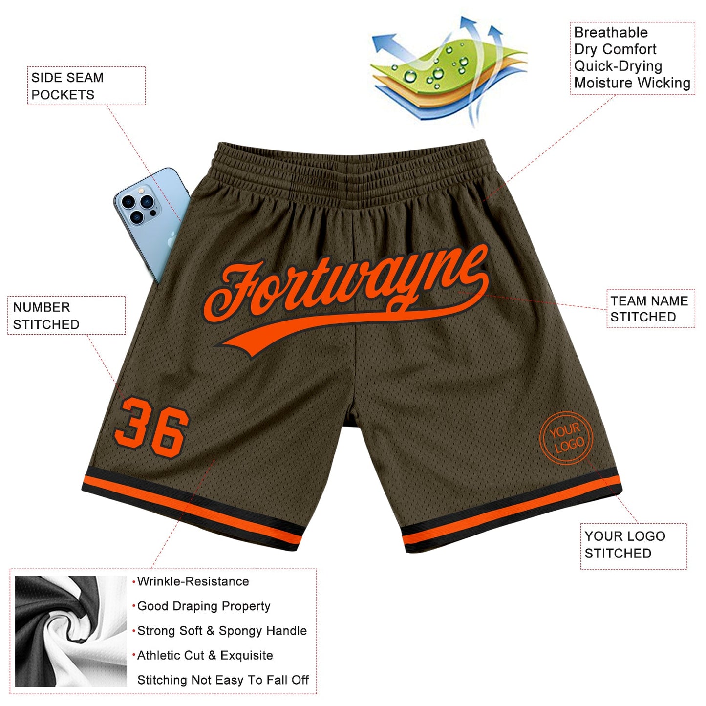 Custom Olive Orange-Black Authentic Throwback Salute To Service Basketball Shorts view 2