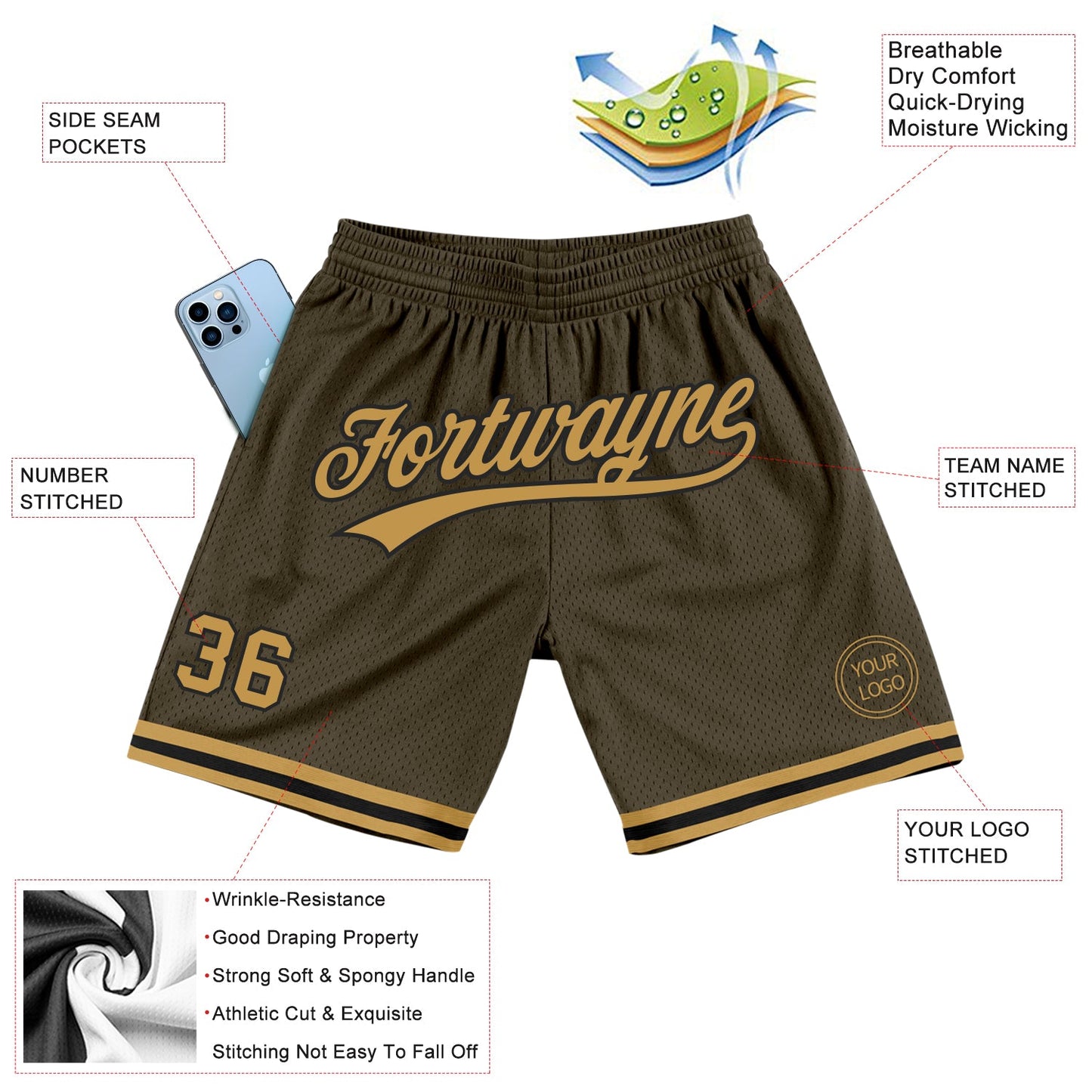 Custom Olive Old Gold-Black Authentic Throwback Salute To Service Basketball Shorts view 2