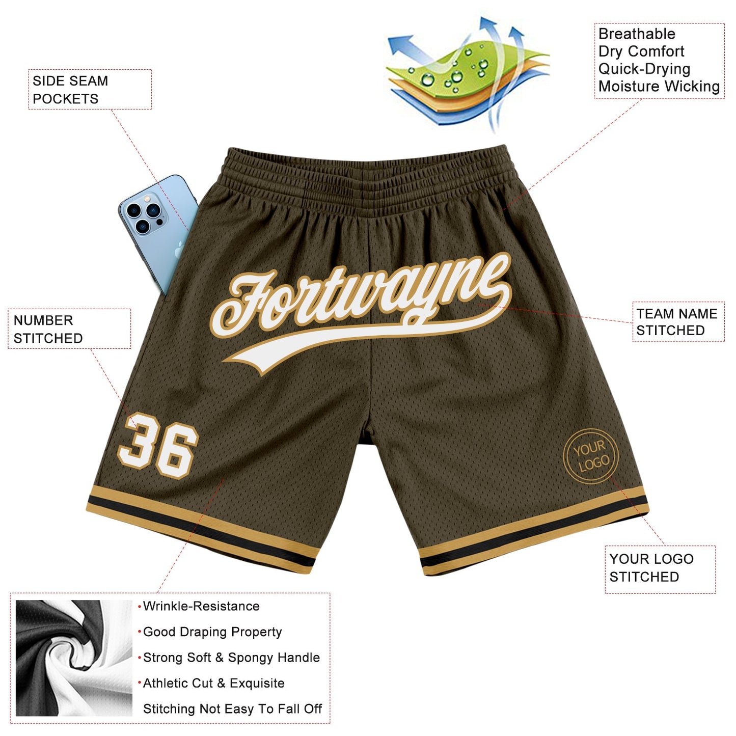 Custom Olive White Old Gold-Black Authentic Throwback Salute To Service Basketball Shorts view 2