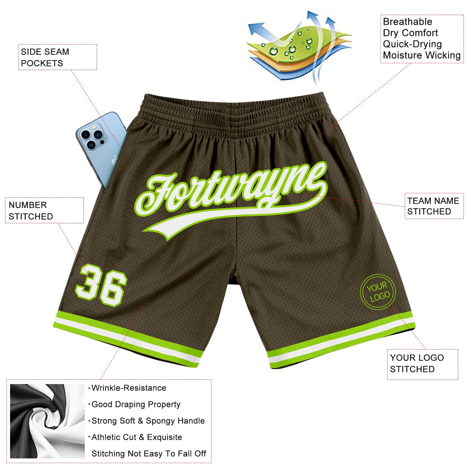 Custom Olive White-Neon Green Authentic Throwback Salute To Service Basketball Shorts view 2