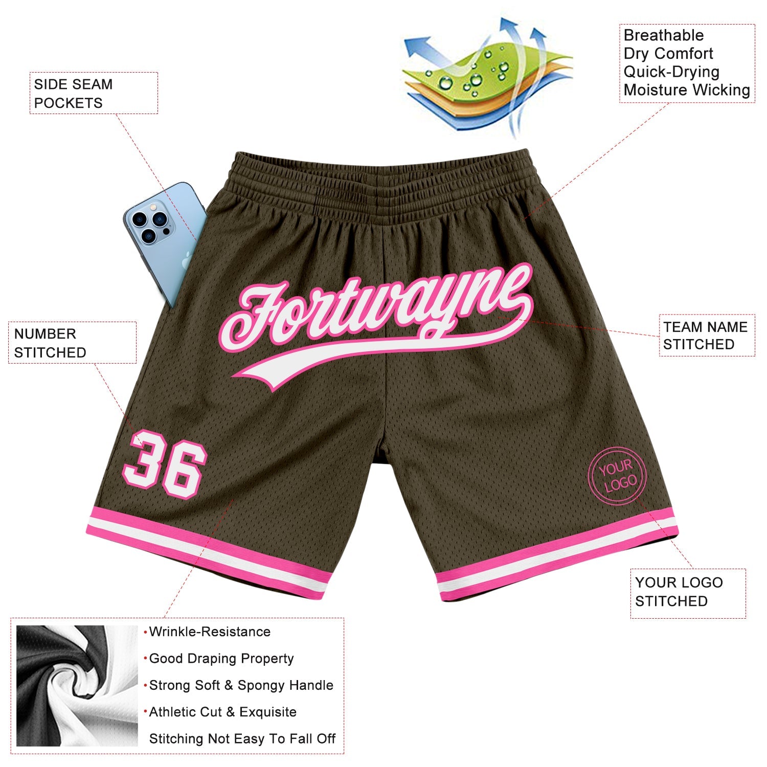 Custom Olive White-Pink Authentic Throwback Salute To Service Basketball Shorts view 2