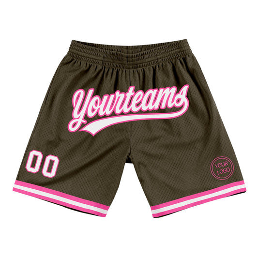 Custom Olive White-Pink Authentic Throwback Salute To Service Basketball Shorts - Main View
