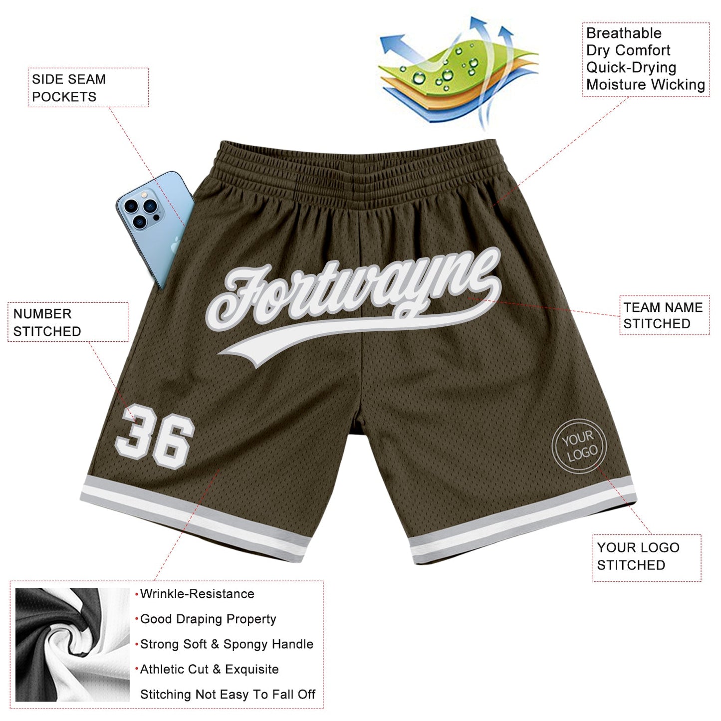 Custom Olive White-Gray Authentic Throwback Salute To Service Basketball Shorts view 2