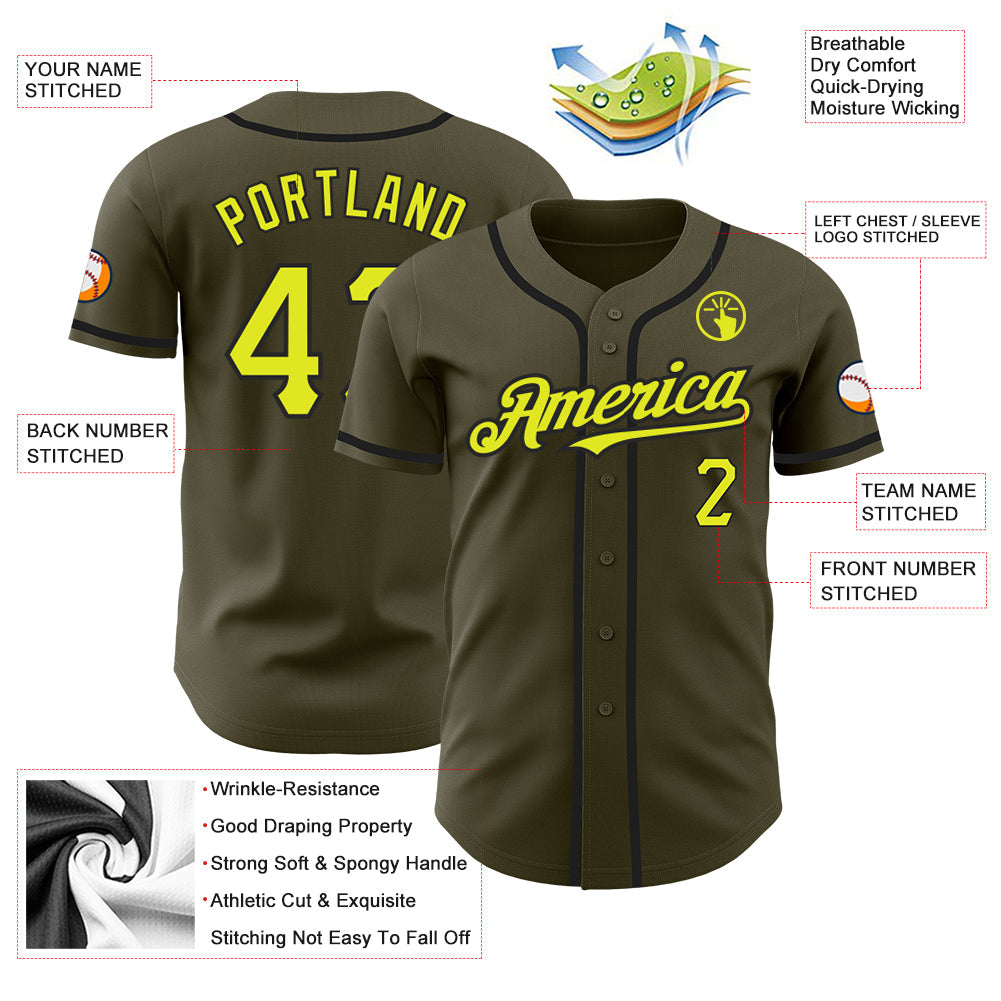 Custom Olive Neon Yellow-Black Authentic Salute To Service Baseball Jersey view 3
