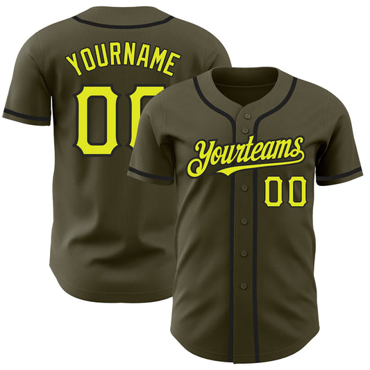 Custom Olive Neon Yellow-Black Authentic Salute To Service Baseball Jersey - Main View