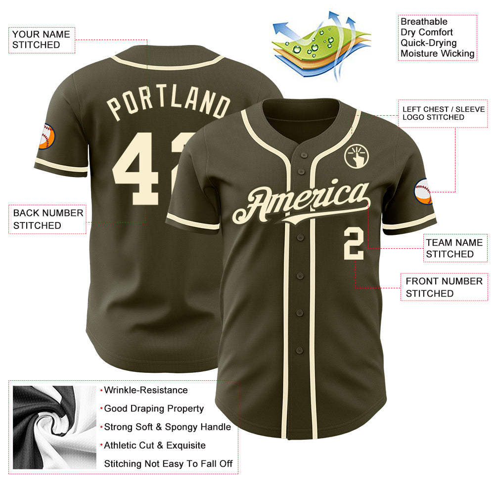Custom Olive Cream Authentic Salute To Service Baseball Jersey view 3