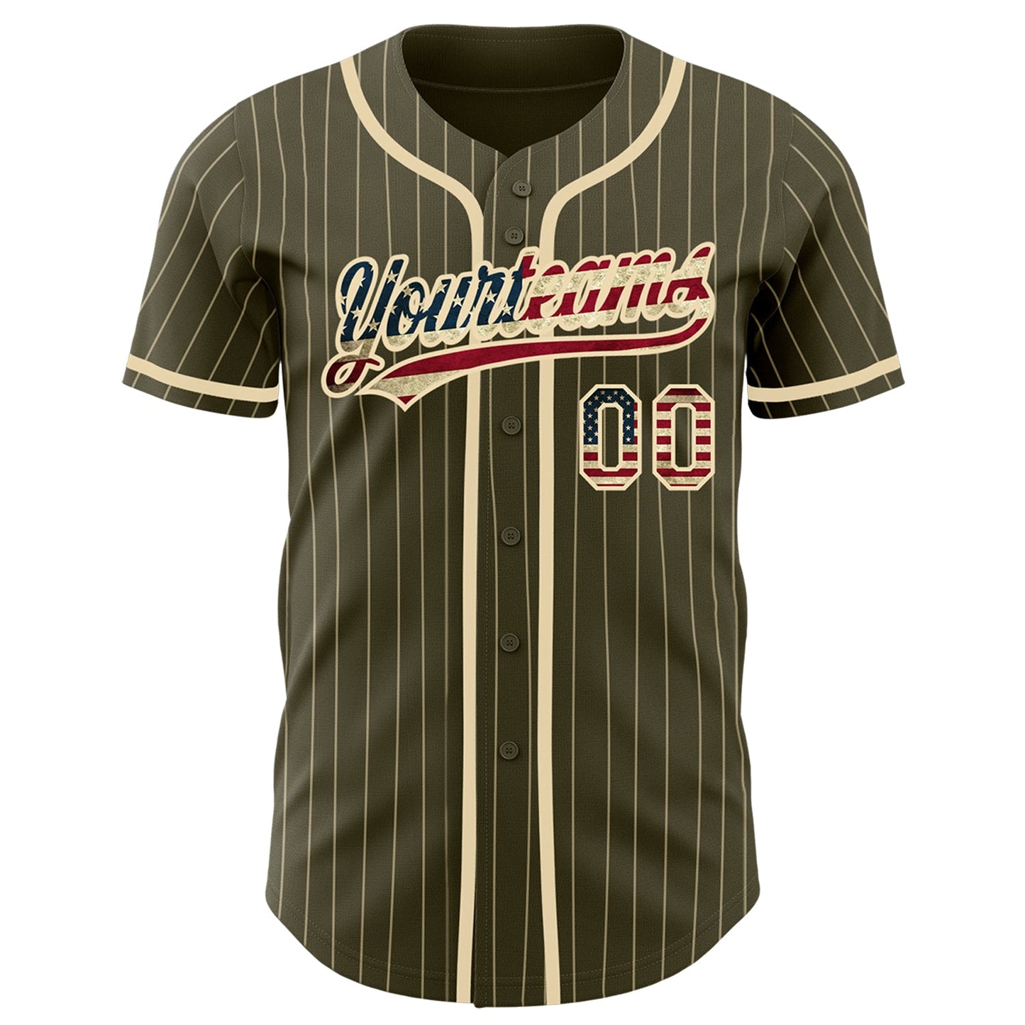 Custom Olive City Cream Pinstripe Vintage USA Flag Authentic Salute To Service Baseball Jersey view 2