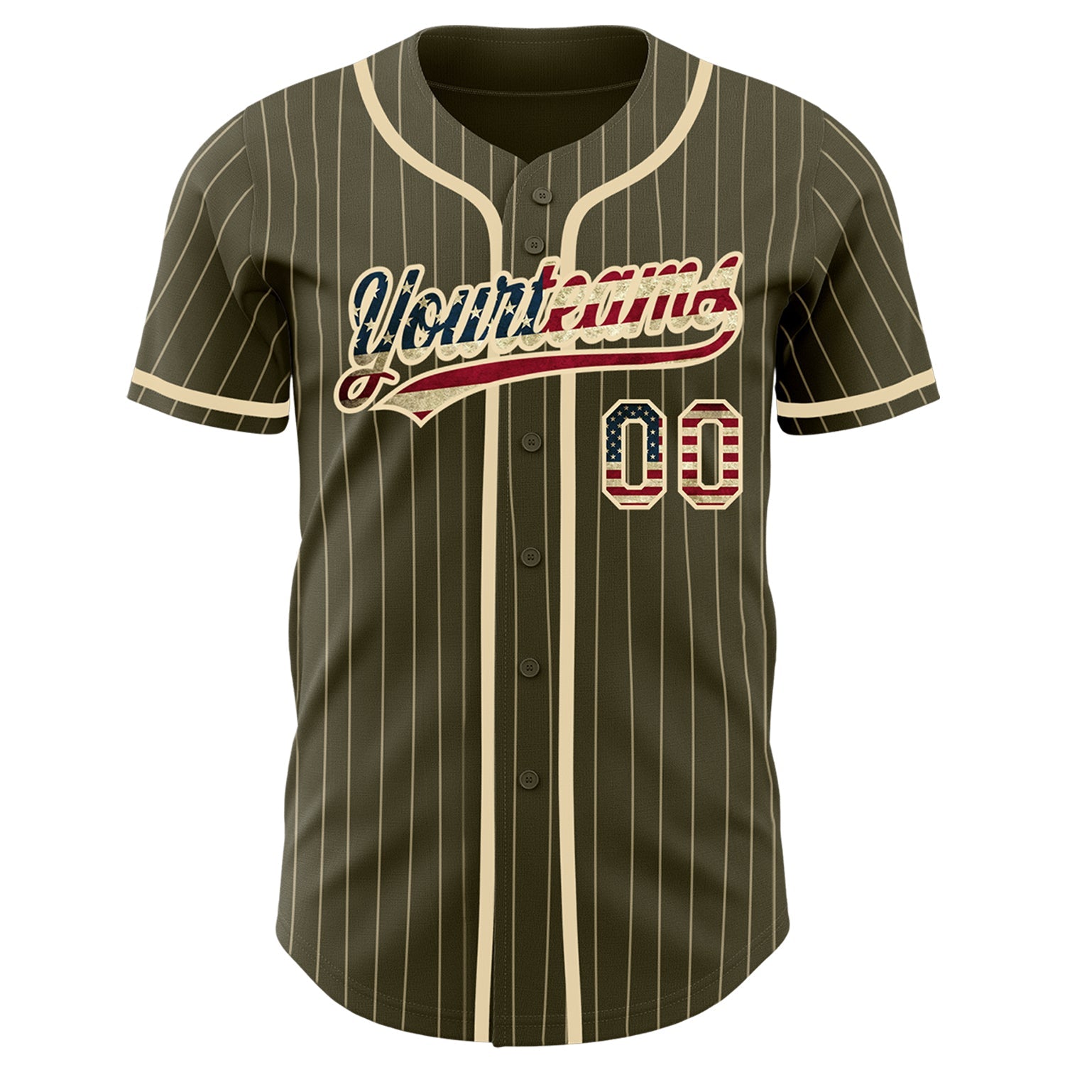 Custom Olive City Cream Pinstripe Vintage USA Flag Authentic Salute To Service Baseball Jersey view 2