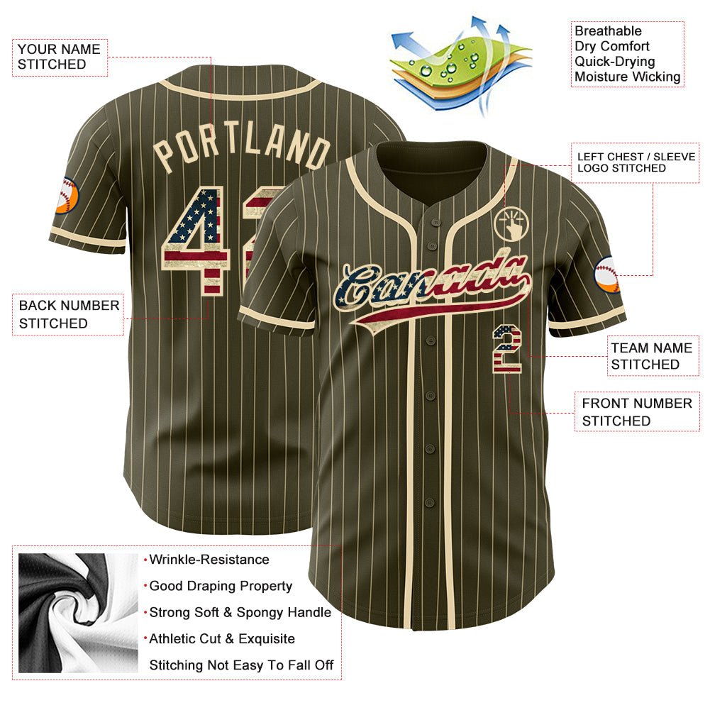 Custom Olive City Cream Pinstripe Vintage USA Flag Authentic Salute To Service Baseball Jersey view 3