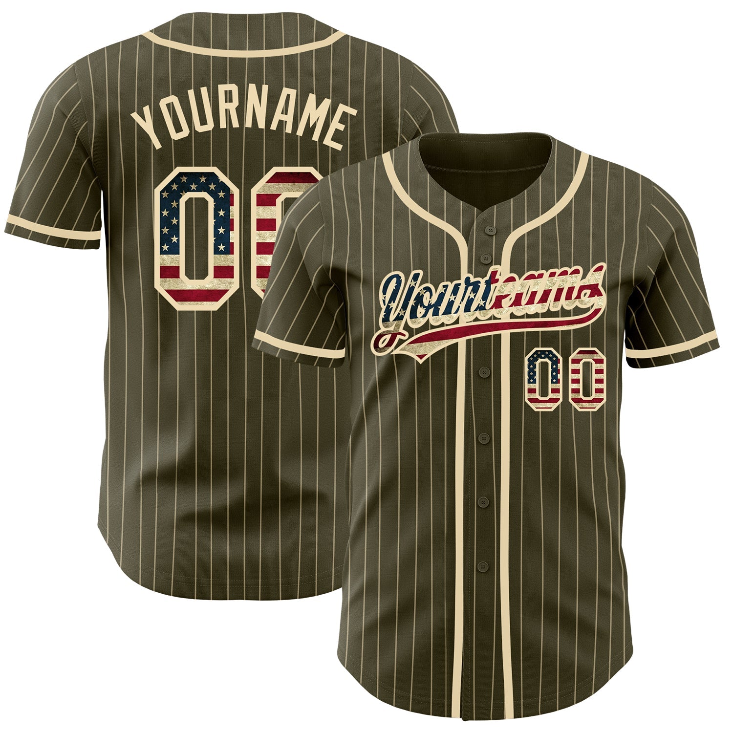 Custom Olive City Cream Pinstripe Vintage USA Flag Authentic Salute To Service Baseball Jersey - Main View