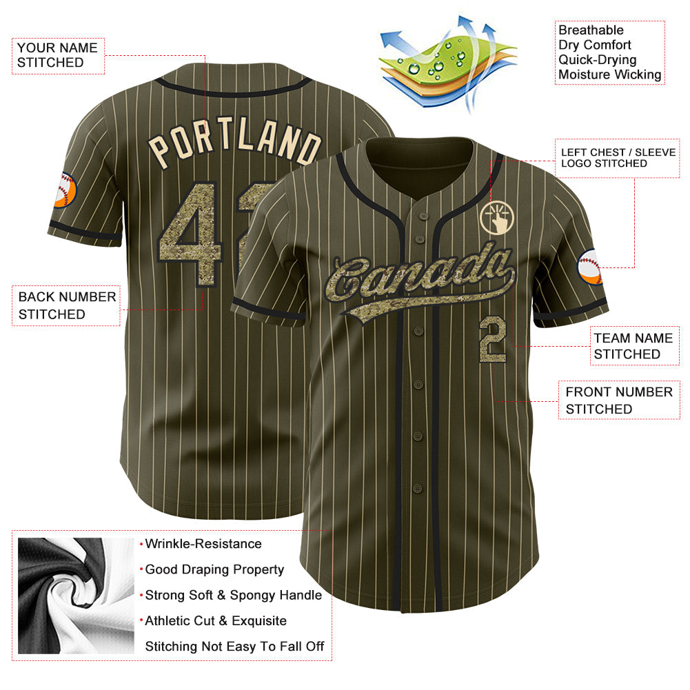 Custom Olive City Cream Pinstripe Camo-Black Authentic Salute To Service Baseball Jersey view 3