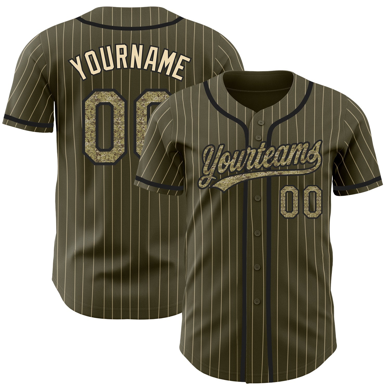 Custom Olive City Cream Pinstripe Camo-Black Authentic Salute To Service Baseball Jersey - Main View