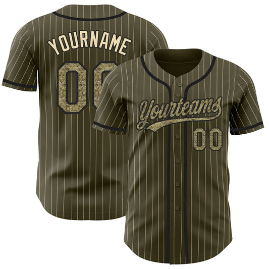 Custom Olive City Cream Pinstripe Camo-Black Authentic Salute To Service Baseball Jersey - Main View