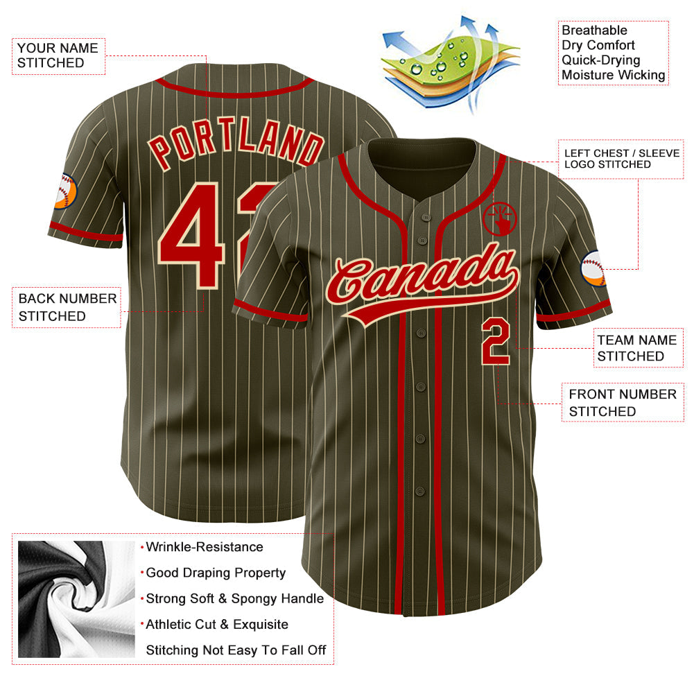 Custom Olive City Cream Pinstripe Red Authentic Salute To Service Baseball Jersey view 3