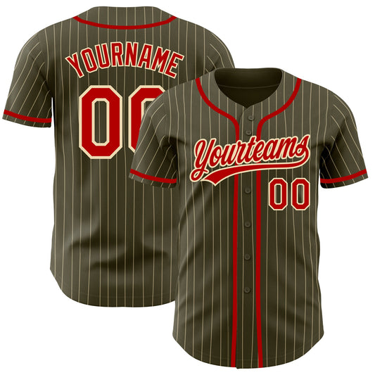 Custom Olive City Cream Pinstripe Red Authentic Salute To Service Baseball Jersey - Main View