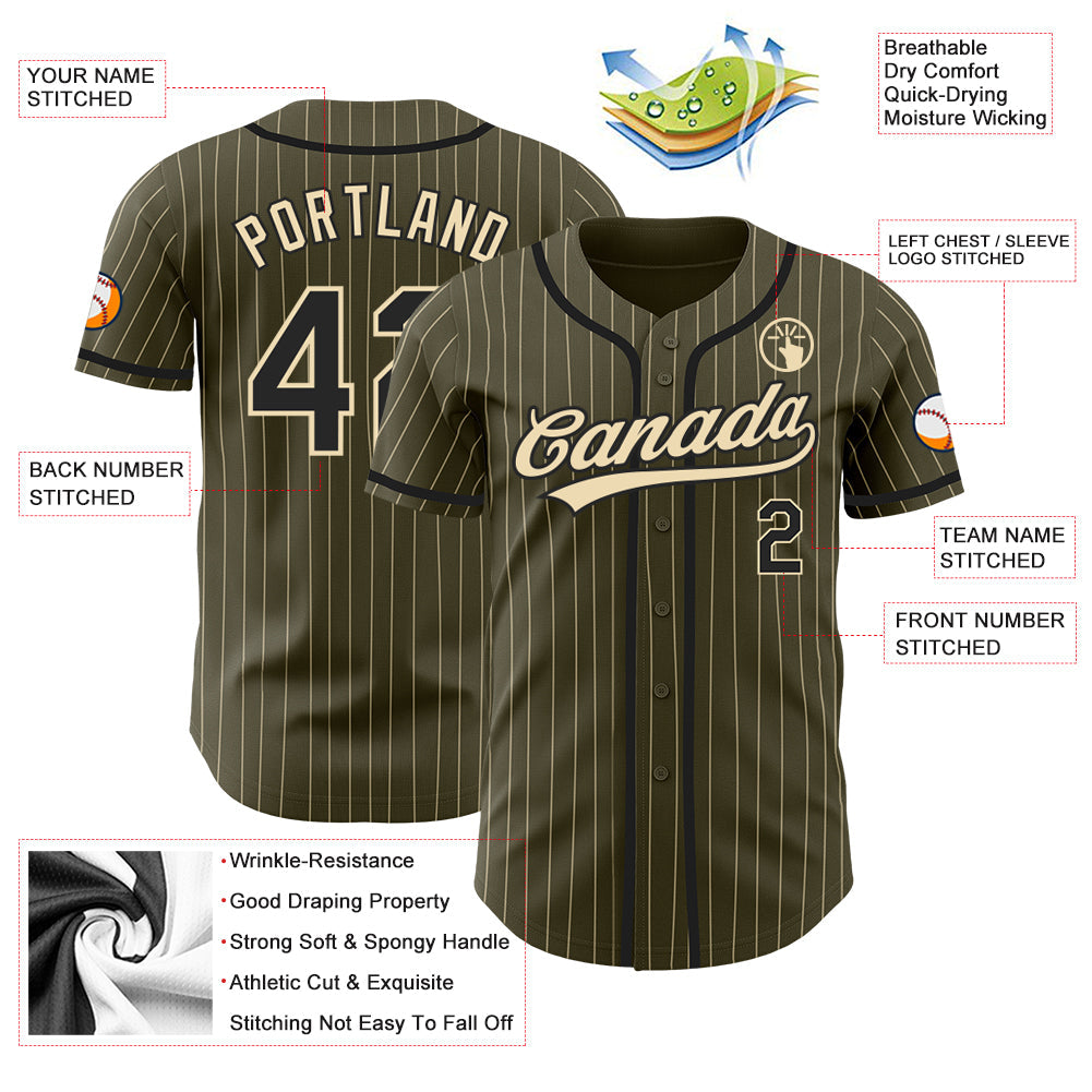 Custom Olive City Cream Pinstripe Black Authentic Salute To Service Baseball Jersey view 3
