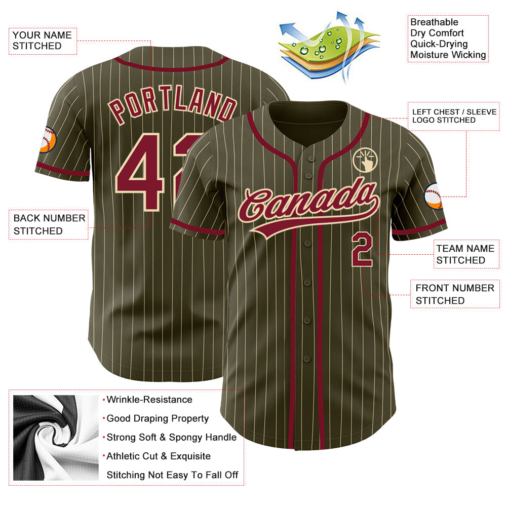 Custom Olive City Cream Pinstripe Crimson Authentic Salute To Service Baseball Jersey view 3