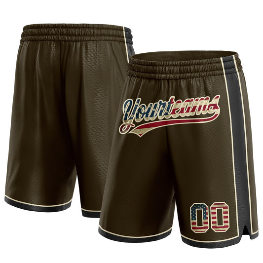 Custom Olive Vintage USA Flag Black-Cream Authentic Salute To Service Basketball Shorts - Main View