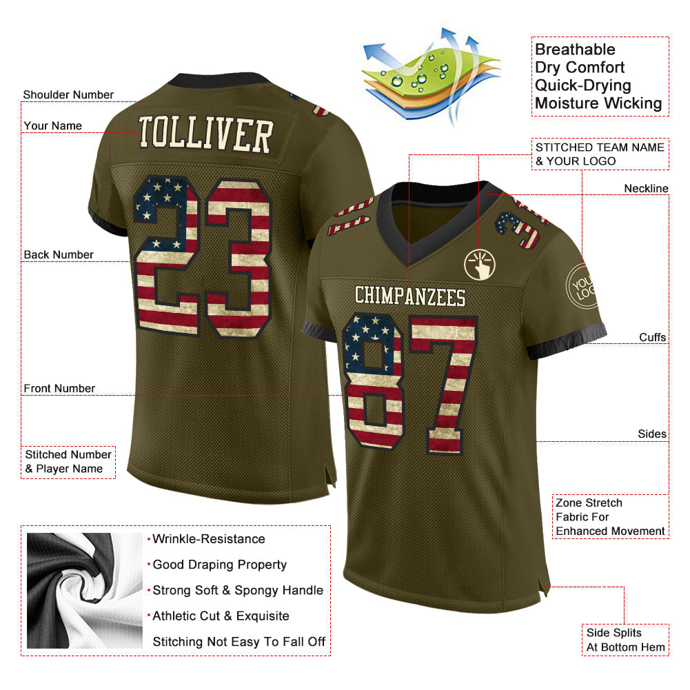 Custom Olive Vintage USA Flag Cream-Black Mesh Authentic Salute To Service Football Jersey view 2